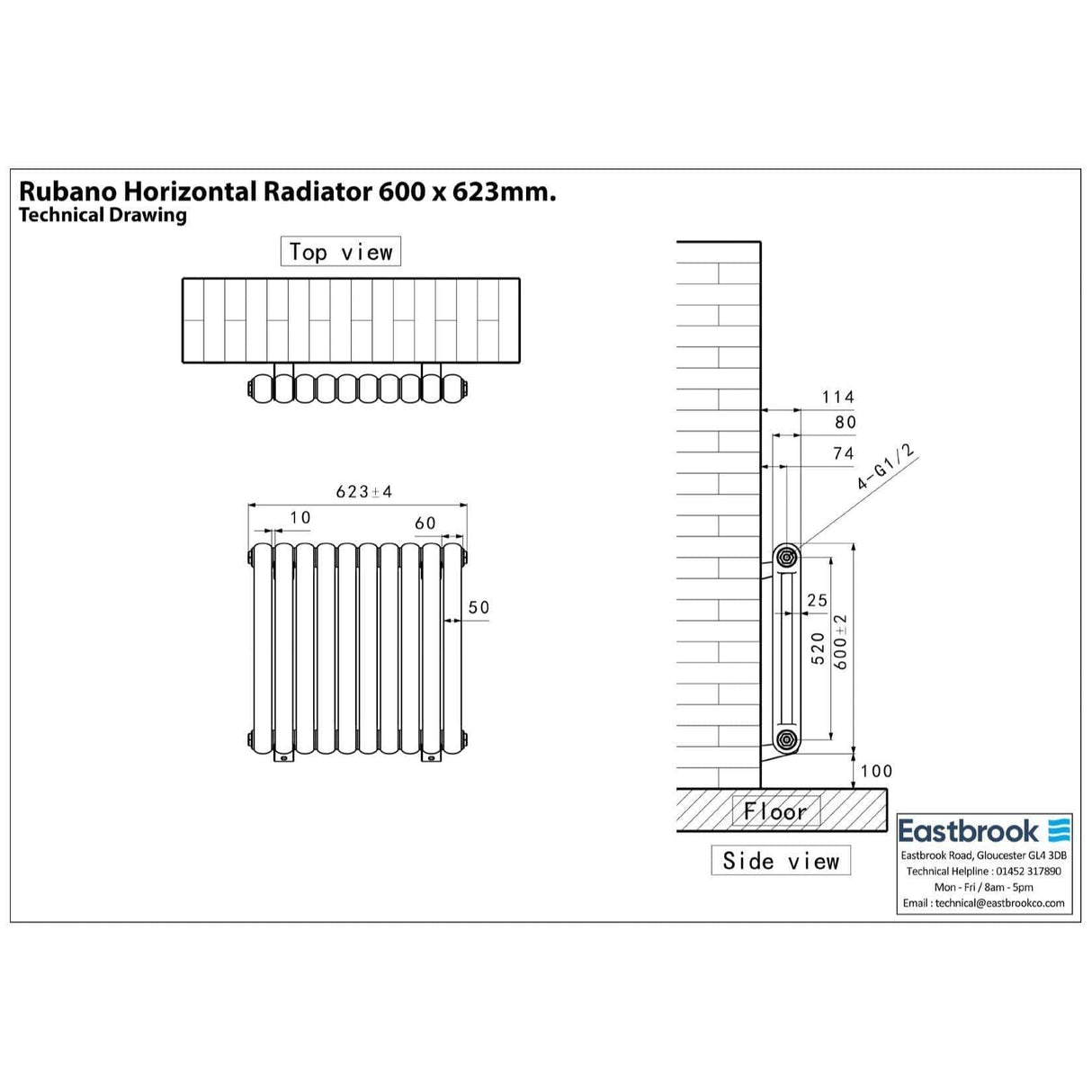 Eastbrook Column Radiators Eastbrook Rubano Straight Horizontal Traditional Column Radiator in Gloss White