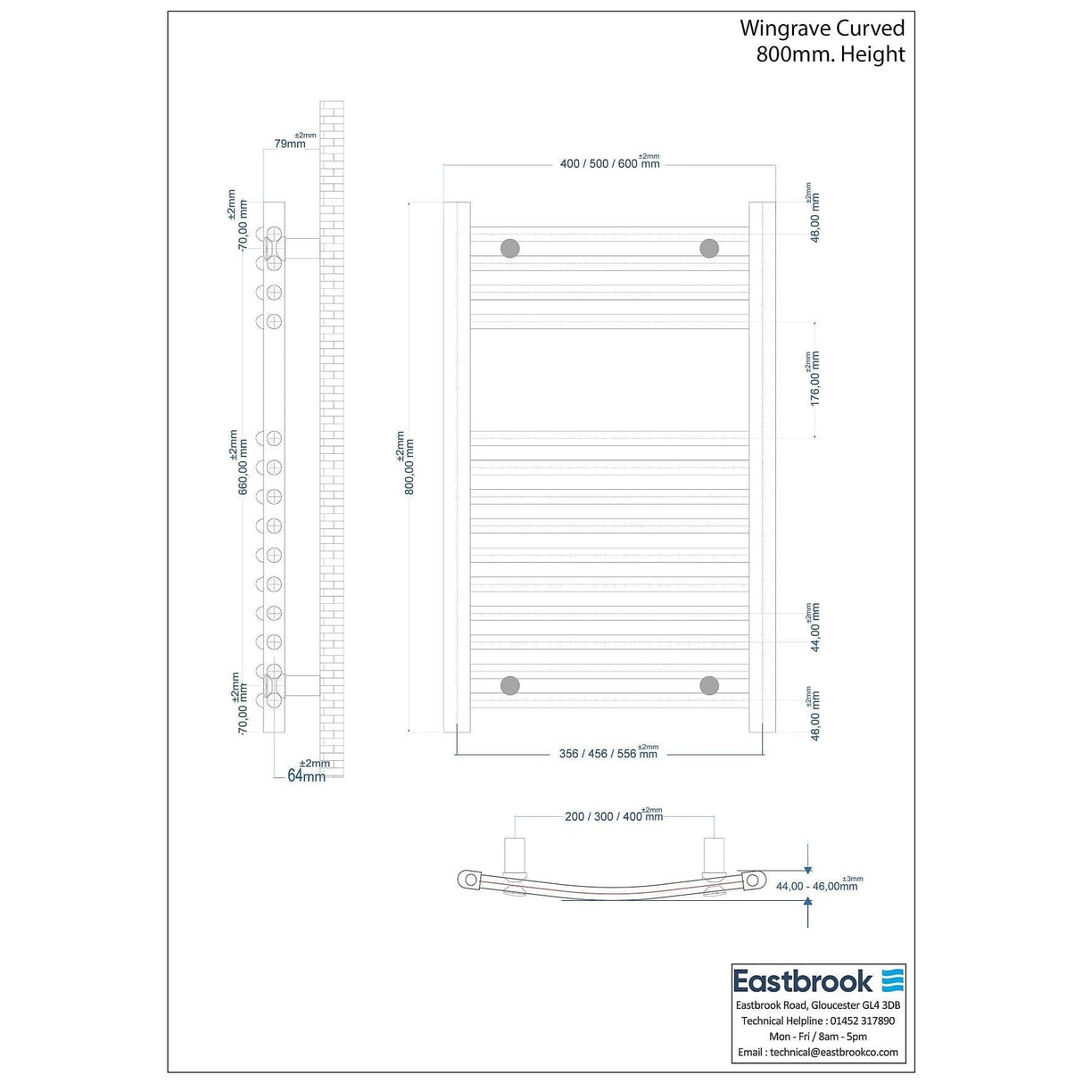 Eastbrook Ladder Rail Eastbrook Wingrave Vertical Curved Heated Towel Rail - 800 x 500mm - Chrome