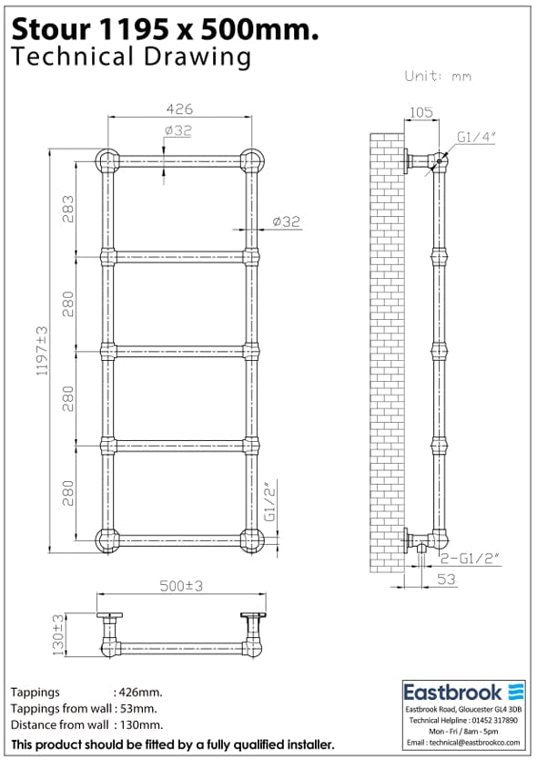 Eastbrook Traditional Towel Rail Eastbrook Stour Vertical Traditional Heated Towel Rail in Brushed Brass