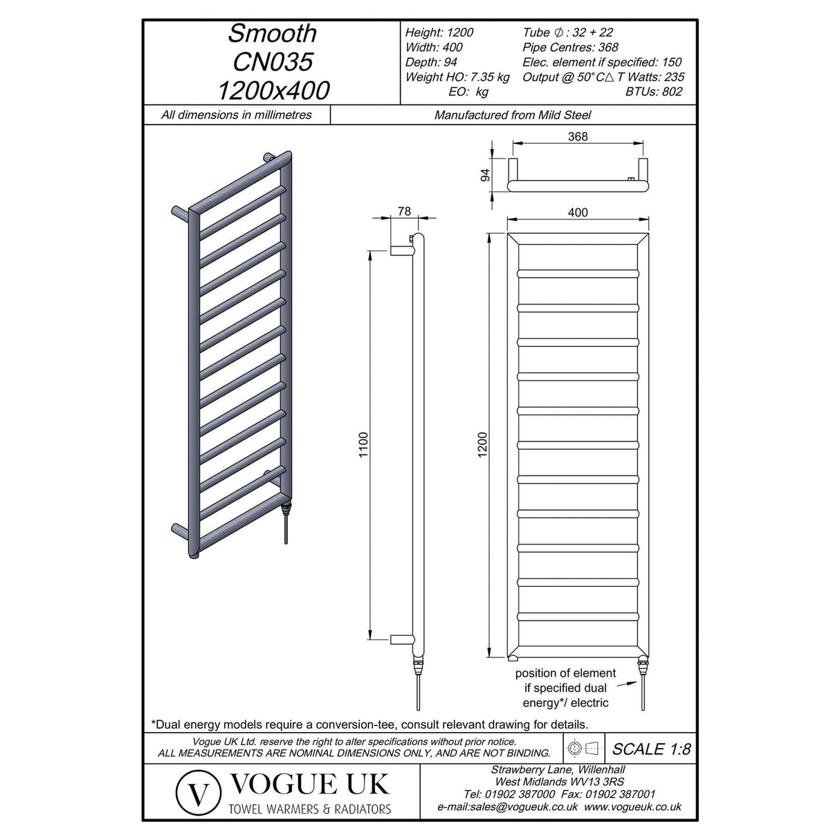 Vogue Designer Towel Radiators Vogue Smooth Straight Vertical Designer Towel Rail - 1200 x 400mm - Dual Fuel - Chrome