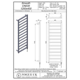 Vogue Designer Towel Radiators Vogue Smooth Straight Vertical Designer Towel Rail - 1200 x 400mm - Dual Fuel - Chrome