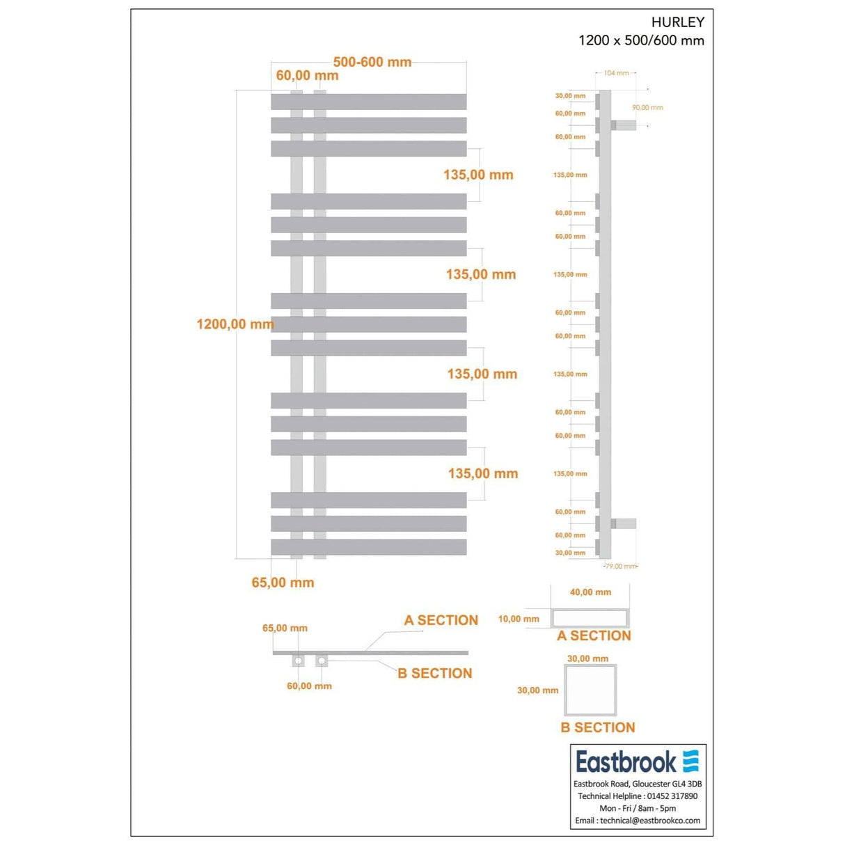 Eastbrook Designer Towel Radiator Eastbrook Hurley Vertical Straight Heated Towel Rail - 1200mm x 600mm in Matt Cappuccino