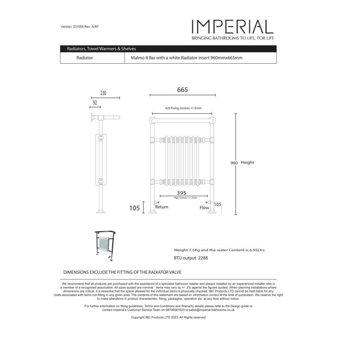 Imperial Insert Radiators Imperial Malmo 8 Bar Traditional Radiator - 960 x 665 - Chrome/White - Central Heating - RAD0110100