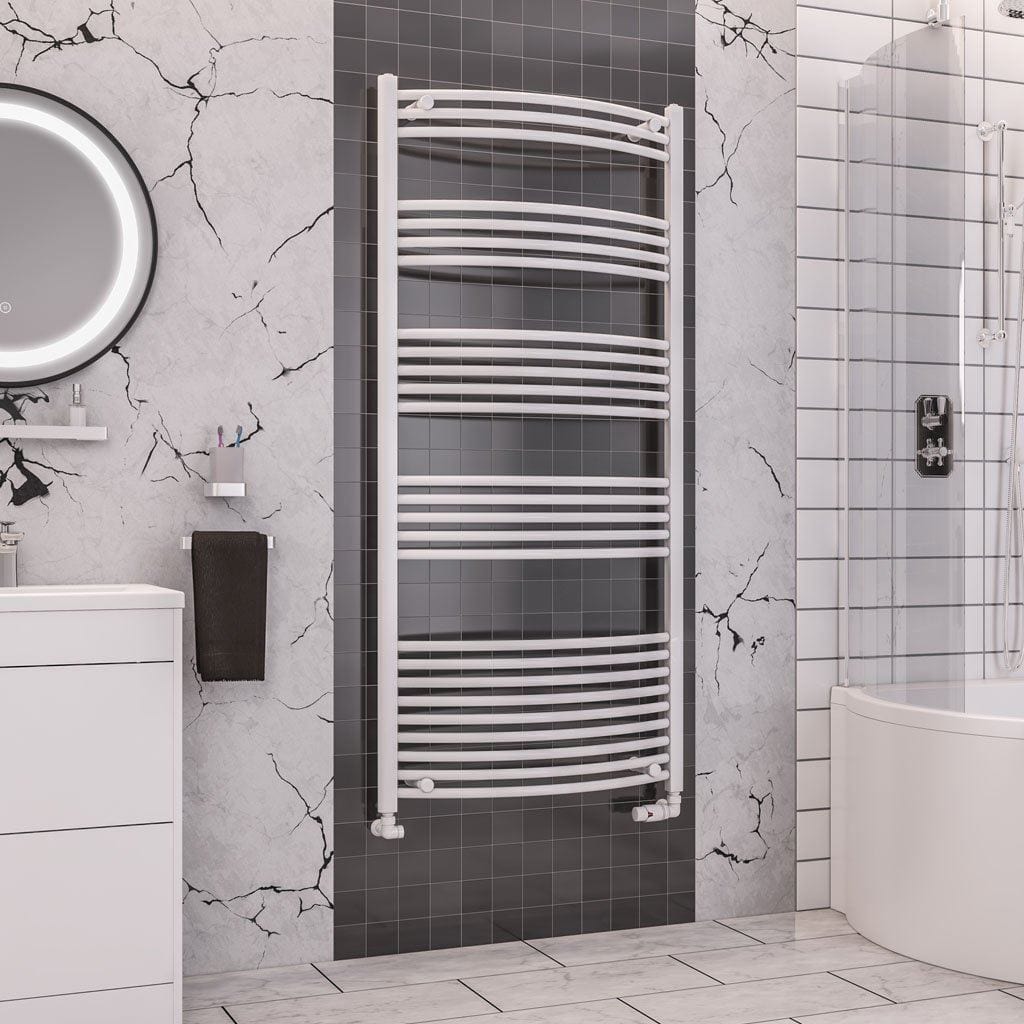 Totally Rads Ladder Rails Eastbrook Wendover Curved Vertical Heated Towel Rail in White 1600 x 750 / Dual Fuel