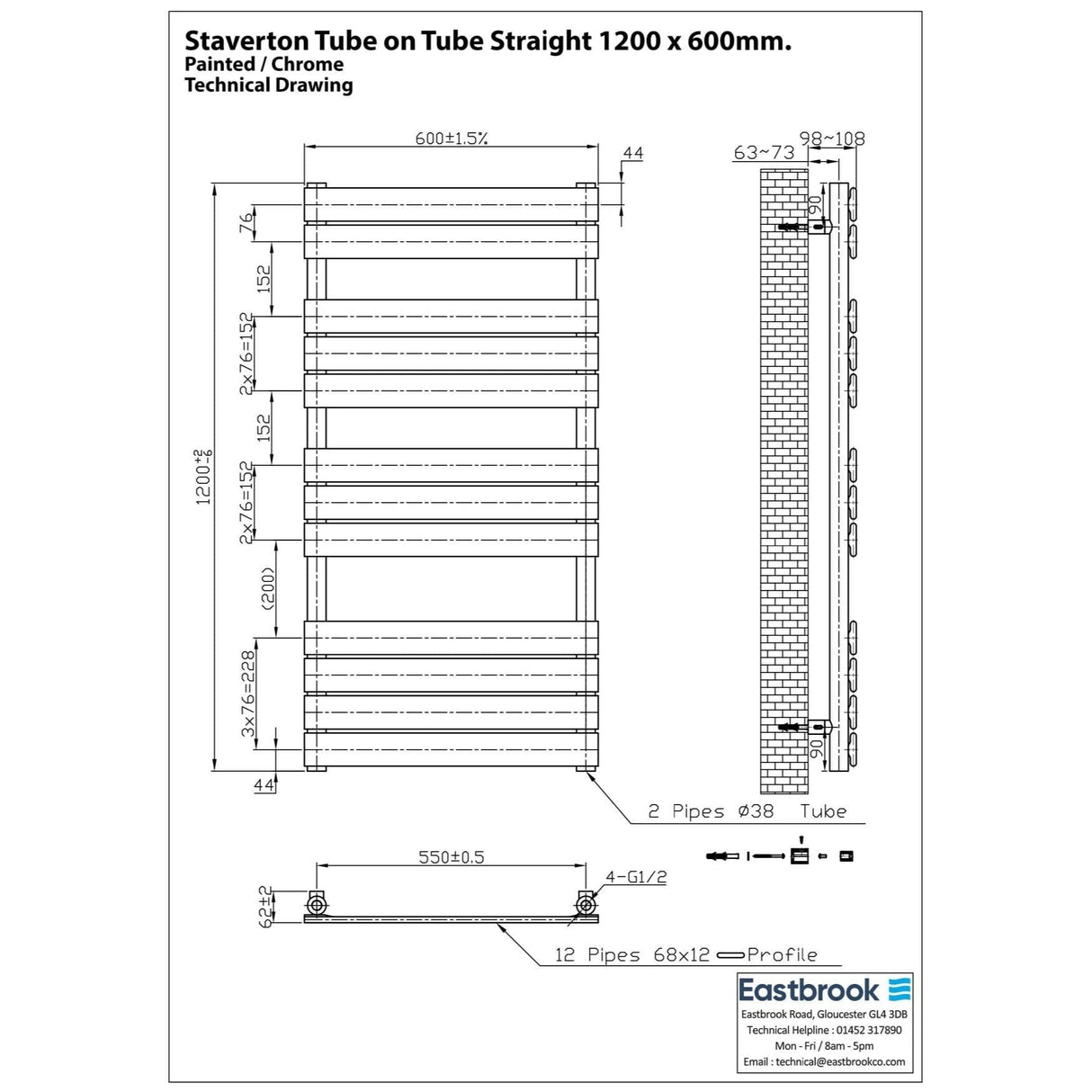 Eastbrook Designer Towel Radiator Eastbrook Staverton Tube on Tube Vertical Straight Heated Towel Rail - 1200 x 600mm - Chrome