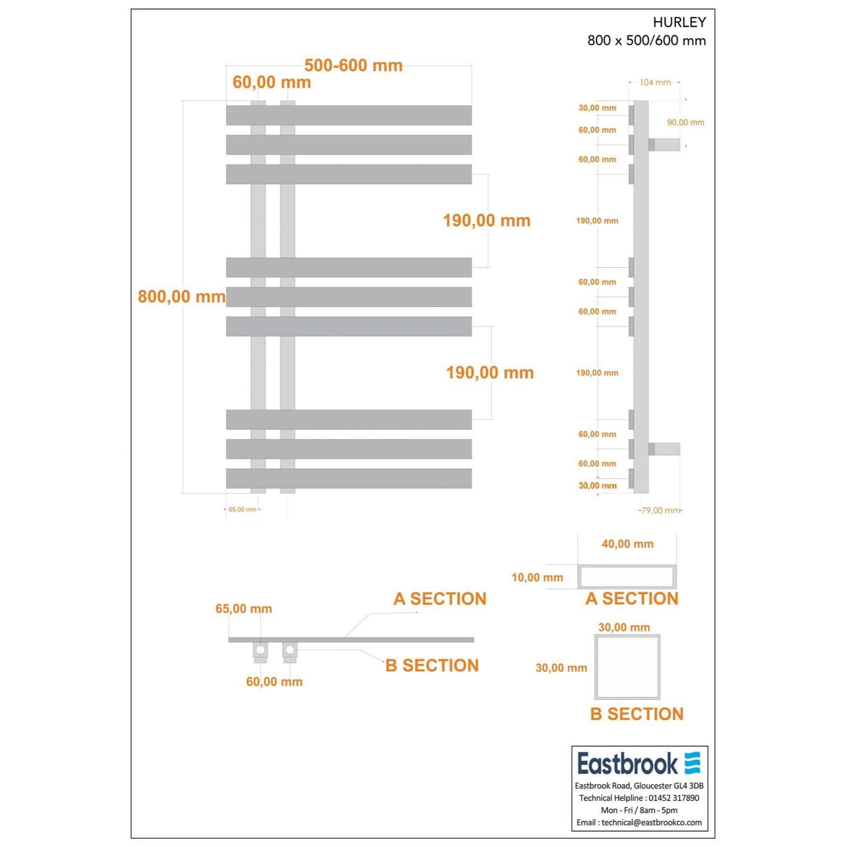 Eastbrook Ladder Rail Eastbrook Hurley Vertical Straight Heated Towel Rail - 800 x 600mm -  Chrome