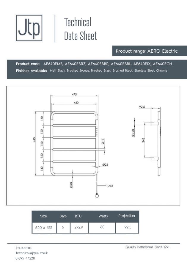 JTP Designer Towel Radiator JTP AERO Designer Vertical Heated Towel Rail - Electric Only