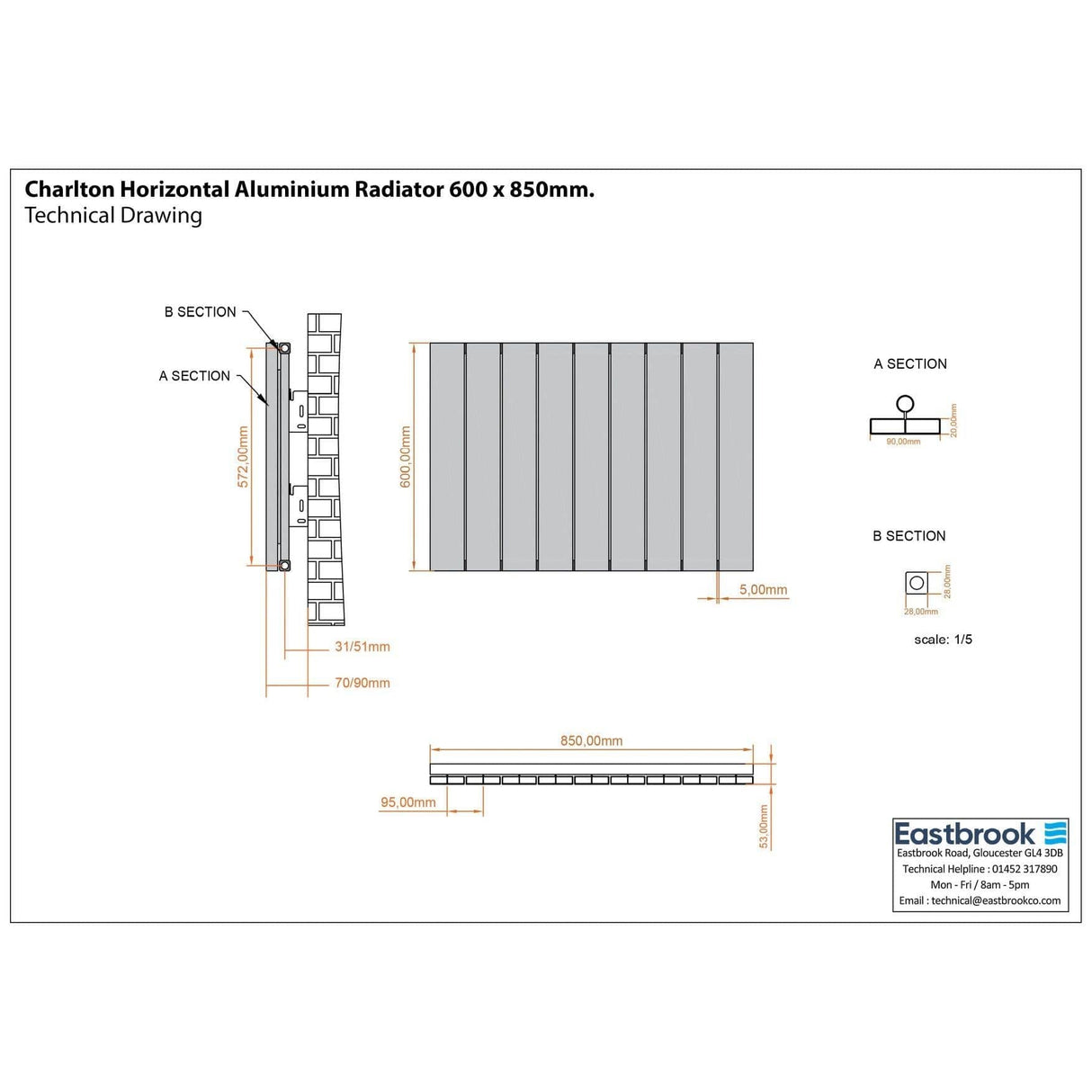Eastbrook Panel Radiator Eastbrook Charlton Horizontal Designer Radiator - 600 x 850mm - Matt White