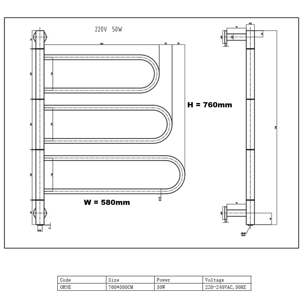 Reina Designer Towel Radiator Reina Orne 750 x 550mm Electric Only Towel Radiator in Polished Stainless Steel