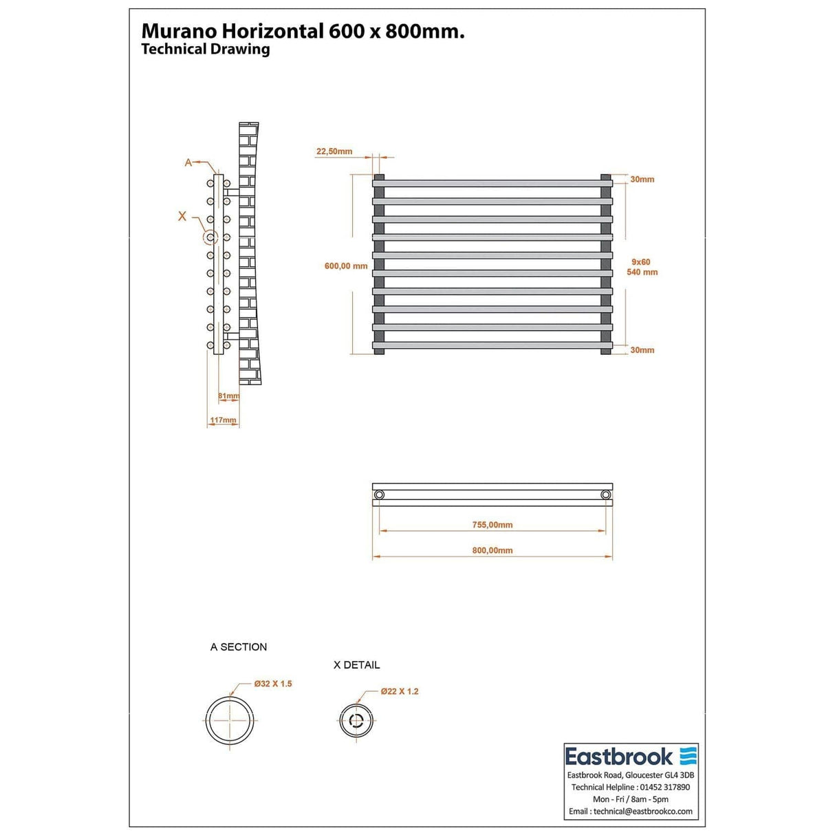 Eastbrook Designer Towel Radiator Eastbrook Murano Horizontal Designer Radiator in Gloss White