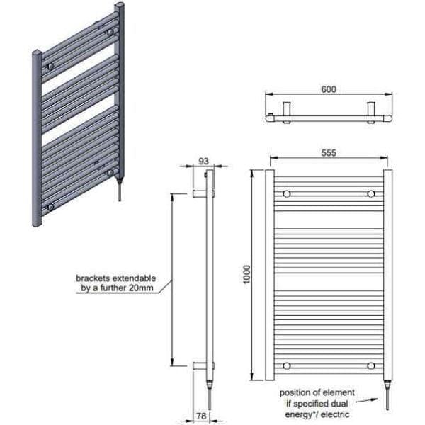 Vogue Ladder Rails Vogue Focus Straight Towel Rail in White 1000 x 600 / Electric Only